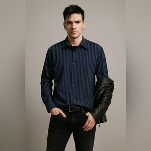 Bugatchi Men’s Navy Blue striped Button Down Shirt Long Sleeve Size L Grunge